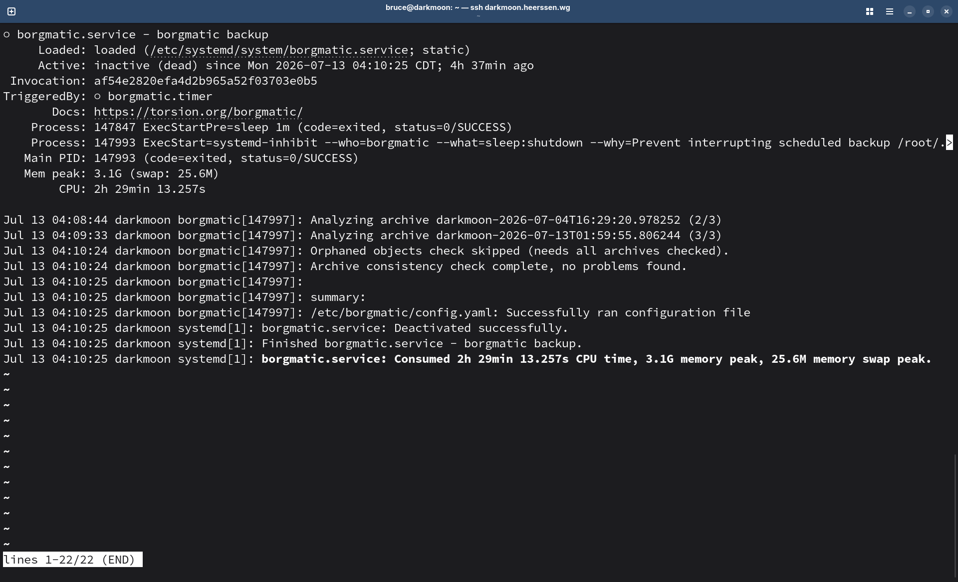 This screenshot shows the output of the command 'systemctl status borgmatic'. It shows that the backup completed successfully in about 2 1/2 hours.