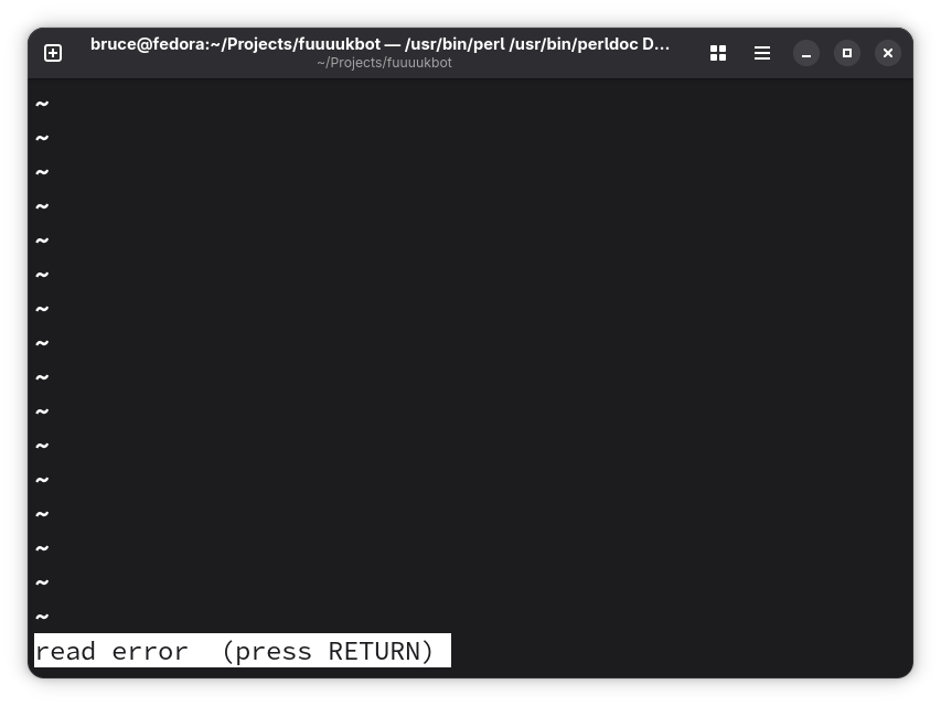 Screenshot of a linux terminal emulator showing an error message in the lower left of the screen. It says "read error  (press RETURN)